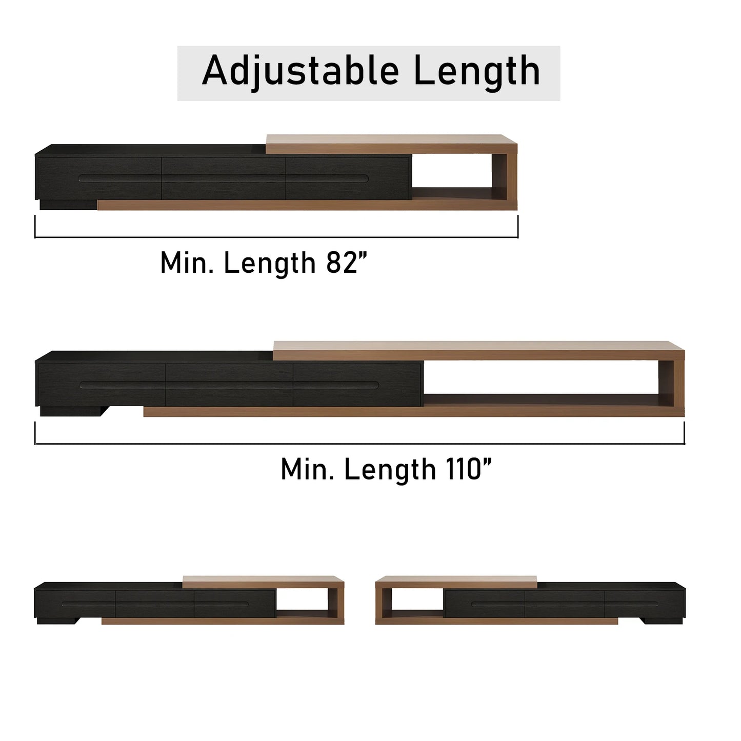 The Bonney Extendable Silhouette Media Console — 82–110” Modern Walnut & High-Gloss TV Stand with Reversible Design and 3 Hidden Drawers