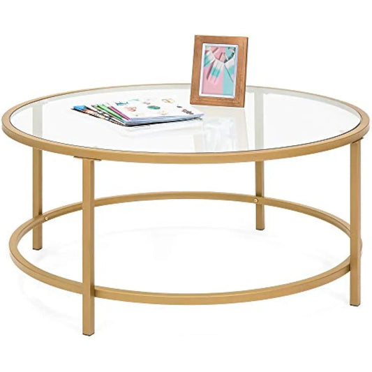 The Celeste Round Glass Coffee Table – Sleek Modern Elegance with Satin Metal Accents