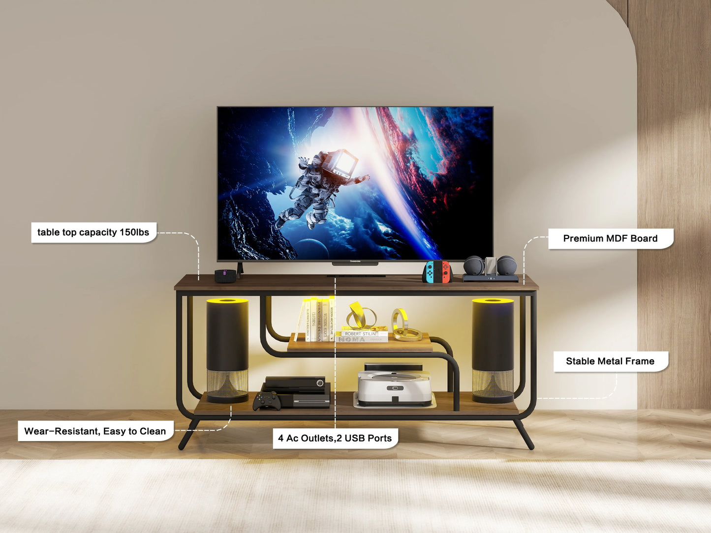 WhisperGlow Luxe TV Stand With Smart Power & Ambient LED Aura – Light Gray Serenity