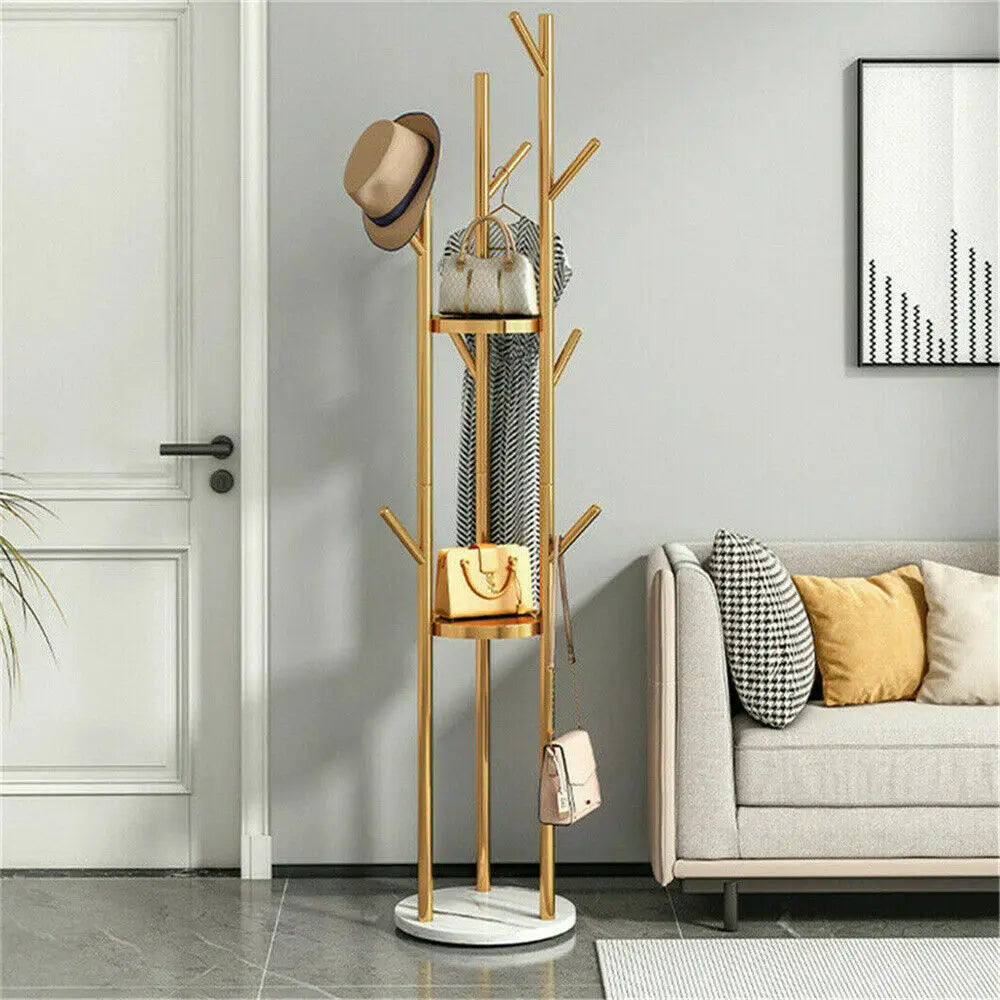 Marble & Metal Entryway Hall Tree With Shelves And Hooks