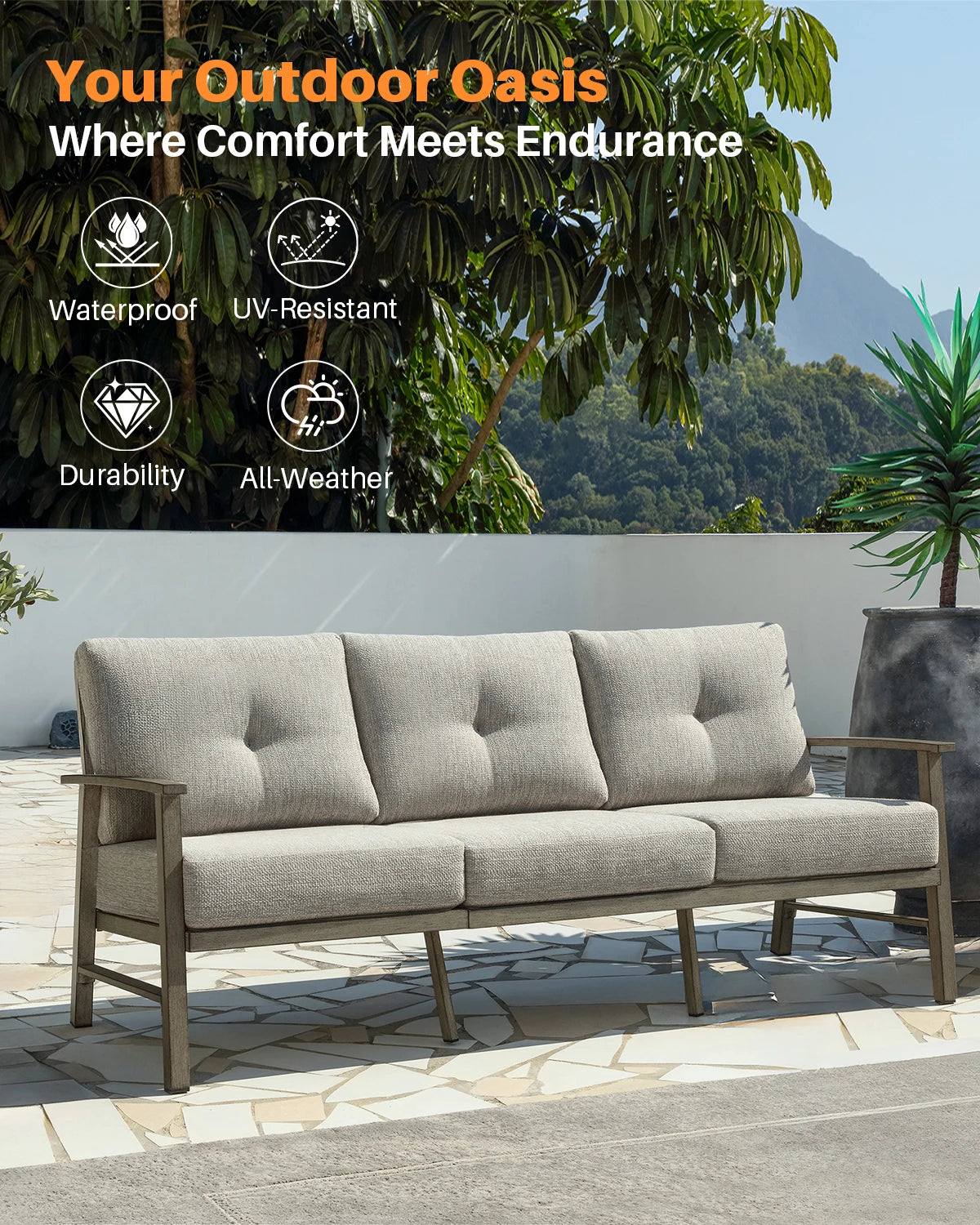 Seehill Limed Oak 3-Seater Outdoor Sectional Sofa – Modern Aluminum Patio Set for Garden, Lawn & Terrace Bliss