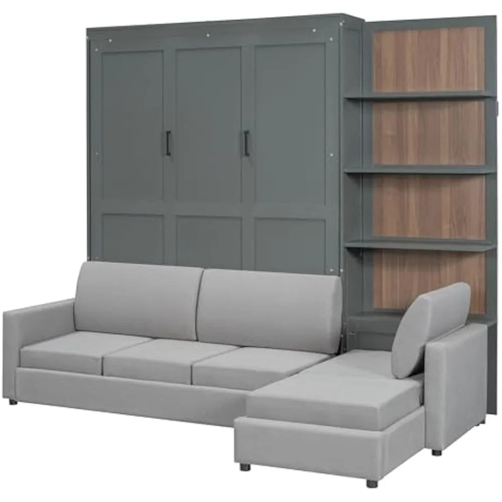 Harper Queen Convertible Wall Bed — Murphy Bed + Sofa With Storage Shelves (Gray)