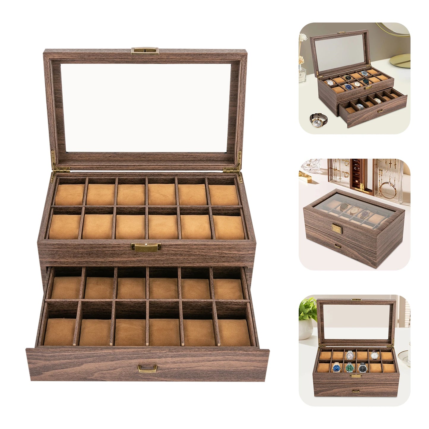 Timeless Elegance: 24-Slot Watch Box with Dual Layers, Brown