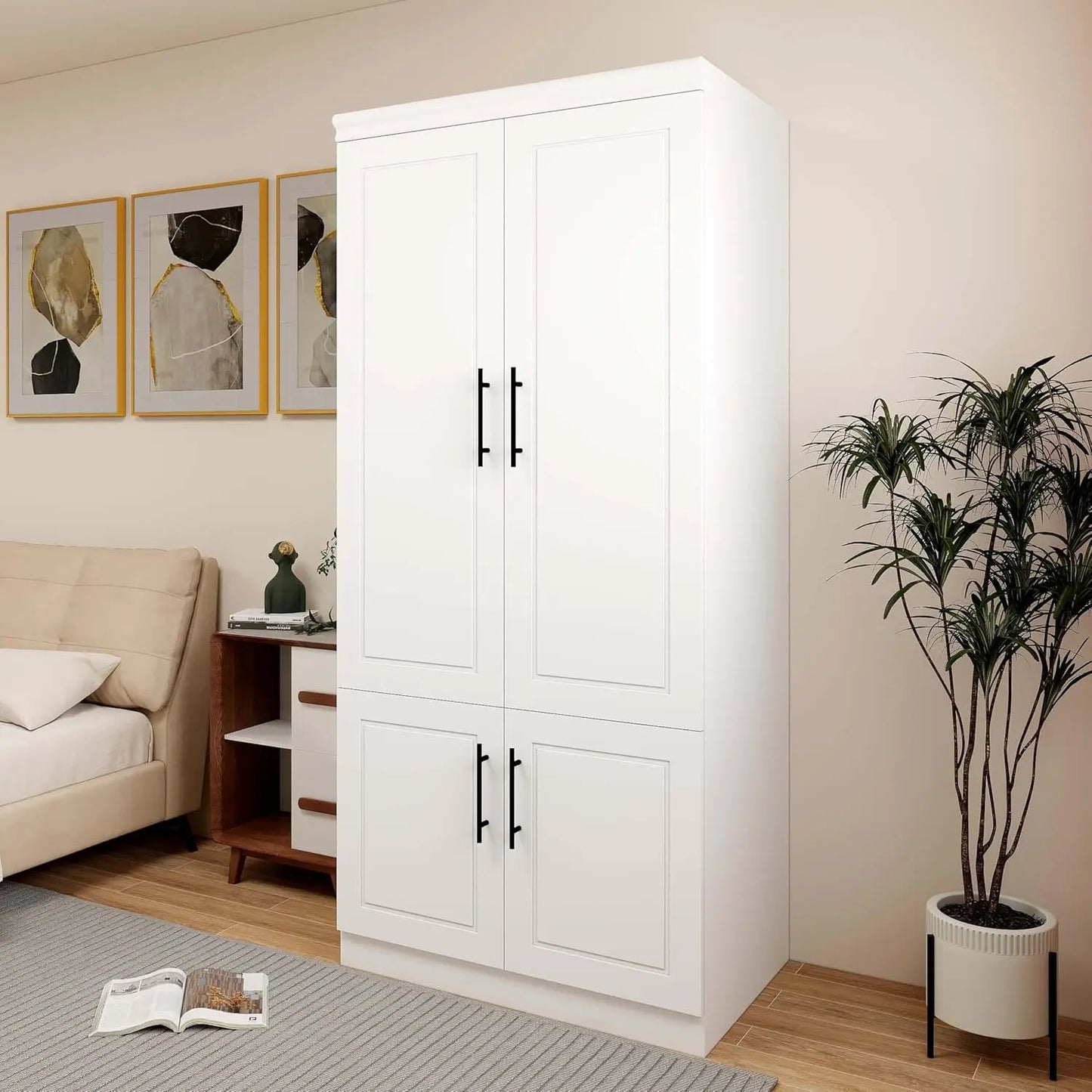 71” Wooden Bedroom Wardrobe with Mirrors & Drawers – High Cabinet Wardrobe with Hangers, Modern Storage Solution for Elegant Spaces