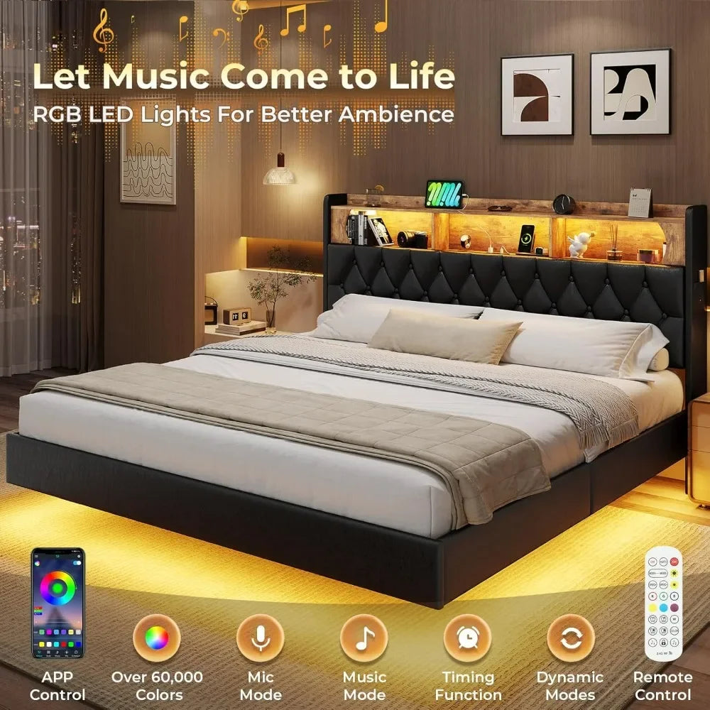 Luminous Dream King Size Floating Bed Frame with RGB LED Headboard, USB Ports & Hidden Storage - Modern Bedroom Furniture