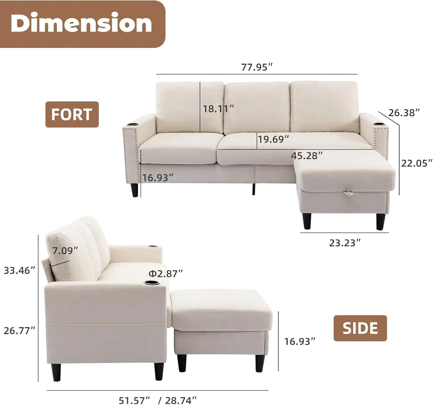 The House of Bonney™ LuxeFlex Velvet L-Shaped Sectional – Convertible 3-Seater Couch with Storage Ottoman & Cup Holders for Small Spaces