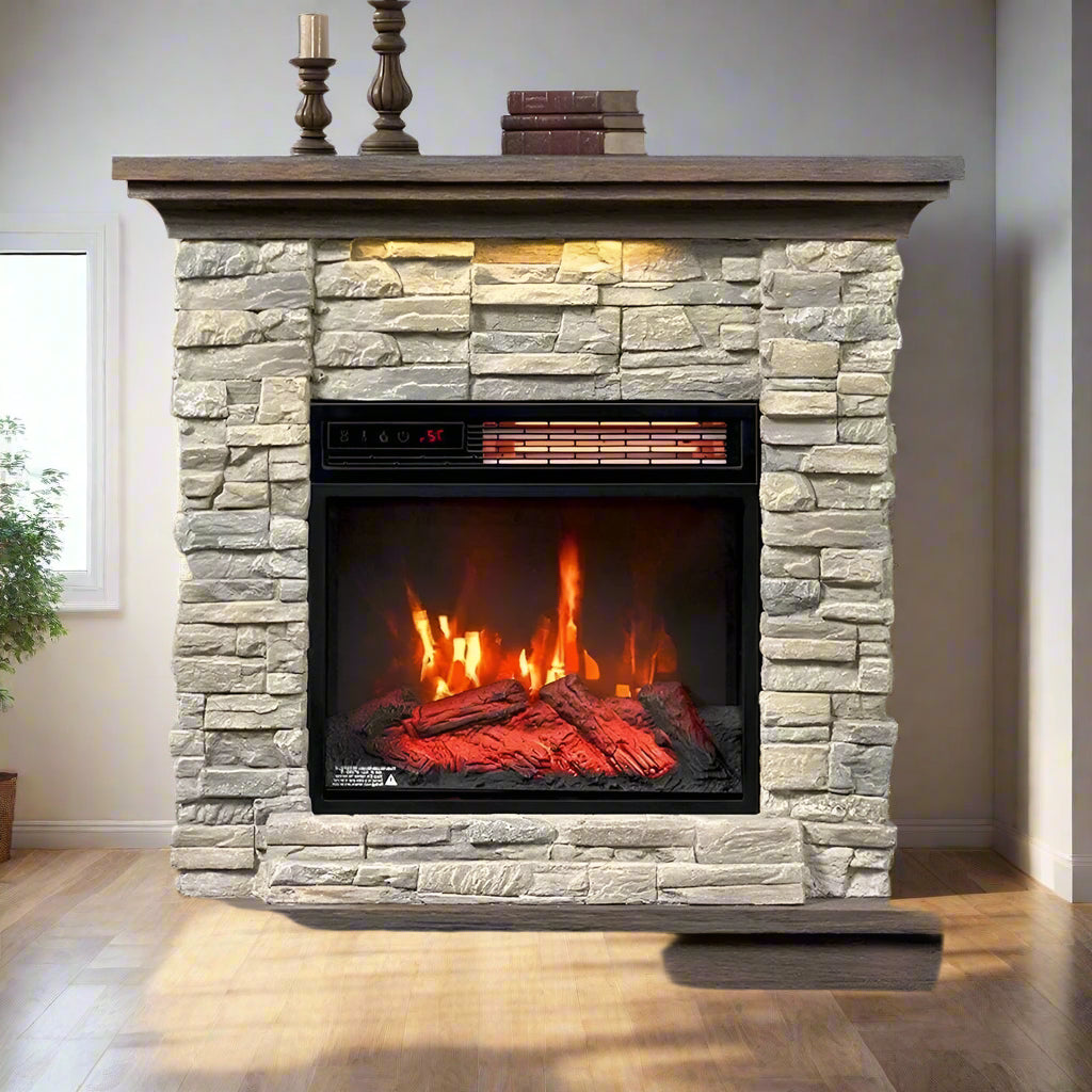 Smoky Gray Stone Wall Mantel Electric Fireplace | Remote-Controlled, 5,200 BTU Infrared Heater