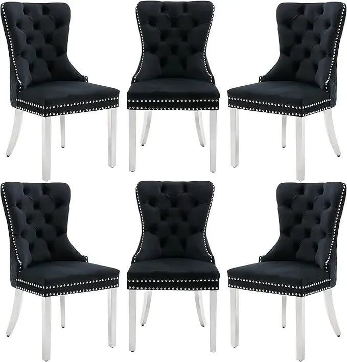 Opulent Velvet Dining Chairs Set of 6 - Luxurious Tufted Back, Nailhead Trim, Lion Head Pull Ring & Rhomboid Pattern