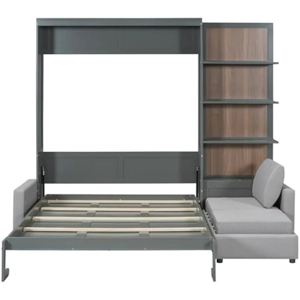 Harper Queen Convertible Wall Bed — Murphy Bed + Sofa With Storage Shelves (Gray)