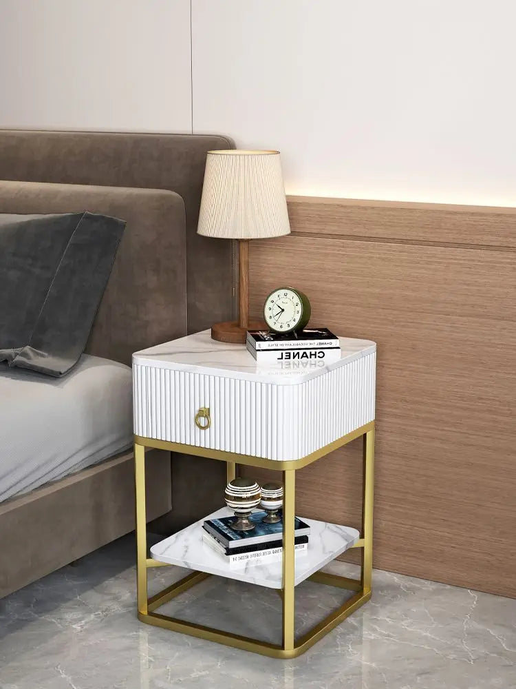 CelesteRound Modern Slate Nightstand – Minimalist Luxury Metal Side Table with Drawer for Bedroom & Living Elegance