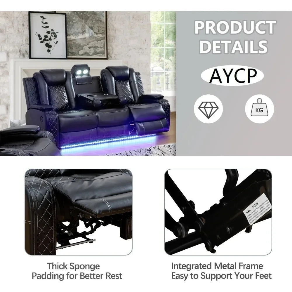 Luxurious Multifunction Power Air Leather Recliner Sofa Set with LED Lights – Modern Reclining Loveseat for Living Room