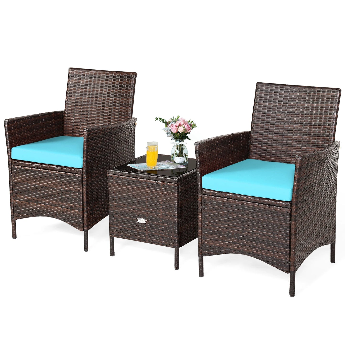 3PCS Patio Rattan Furniture Set Cushioned Sofa Glass Tabletop Deck Blue