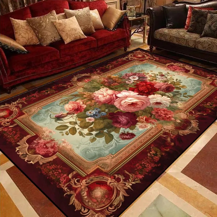 RoyalBloom Retro European Floral Rug – Soft Flannel Luxury Carpet for Living Room, Bedroom & Parlor Elegance