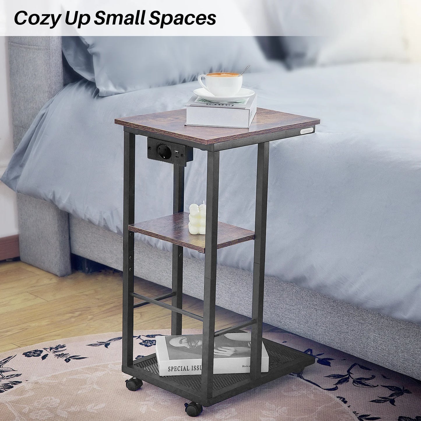 The House Of Bonney Redlife C-Shaped End Table With Charging Station – Rolling Sofa Side Table With Storage Shelves For Small Spaces ⚡🏡