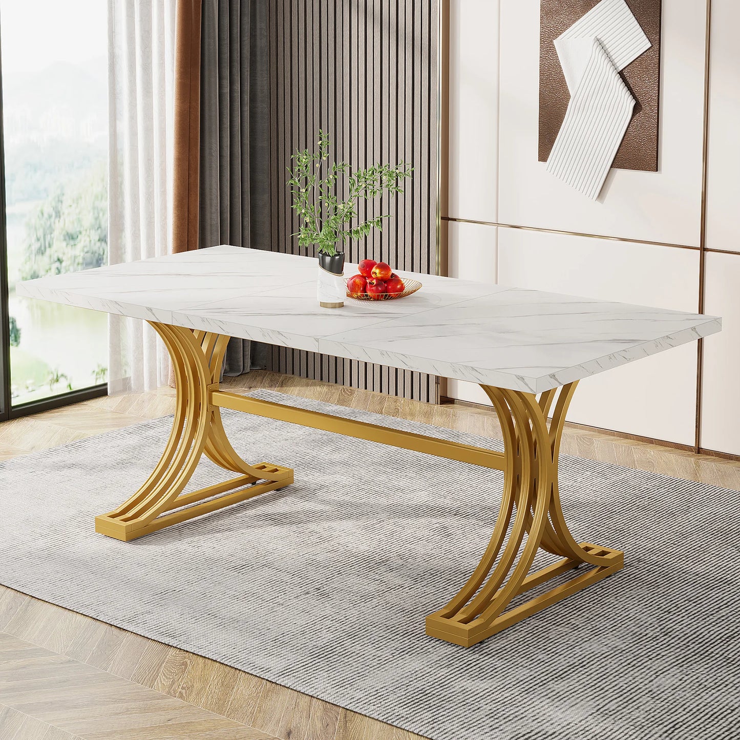 63-Inch Modern Rectangular Dining Table – Faux Marble Top with Gold Metal Legs, Seats 4-6, Stylish Dining Table for Home or Office