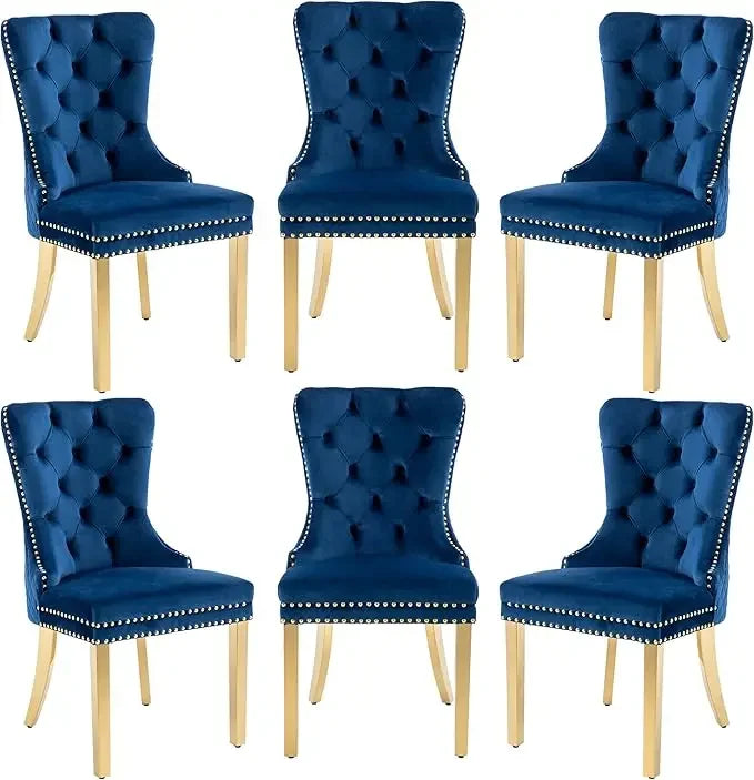 Opulent Velvet Dining Chairs Set of 6 - Luxurious Tufted Back, Nailhead Trim, Lion Head Pull Ring & Rhomboid Pattern