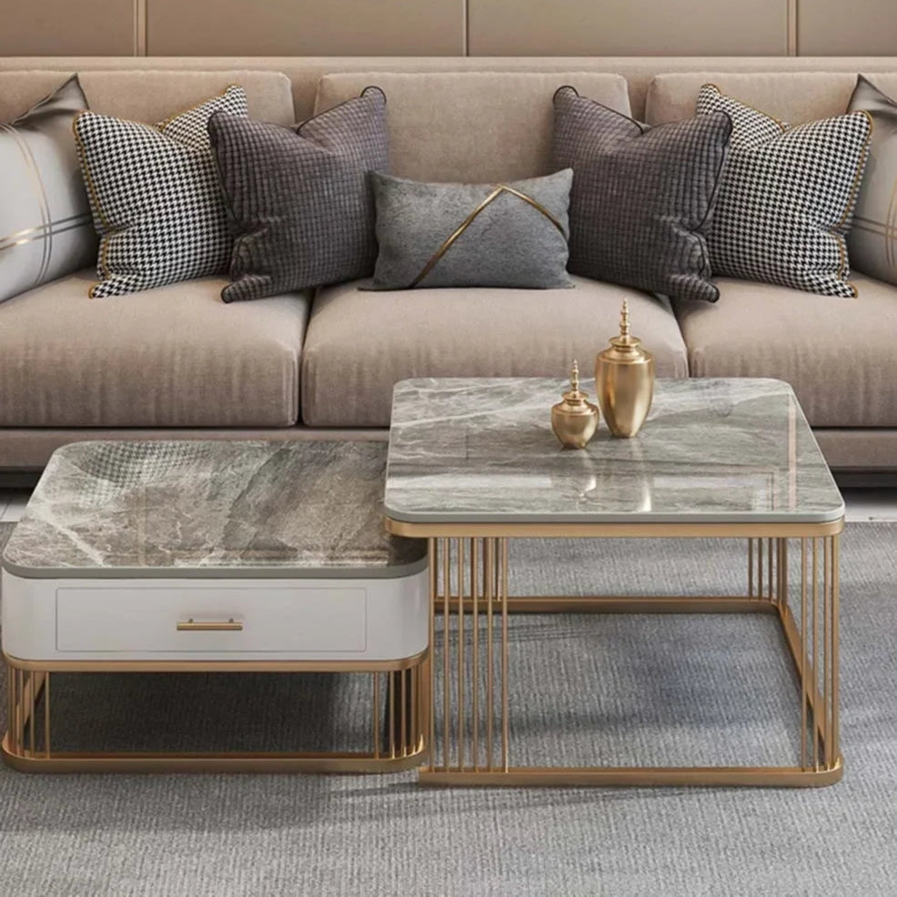 Dwyo Minimalist Square Coffee Table with Storage Drawers – Modern Light Luxury Rock Plate Living Room Table with Metal Frame