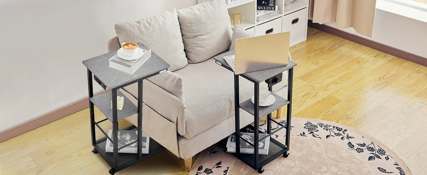The House Of Bonney Redlife C-Shaped End Table With Charging Station – Rolling Sofa Side Table With Storage Shelves For Small Spaces ⚡🏡