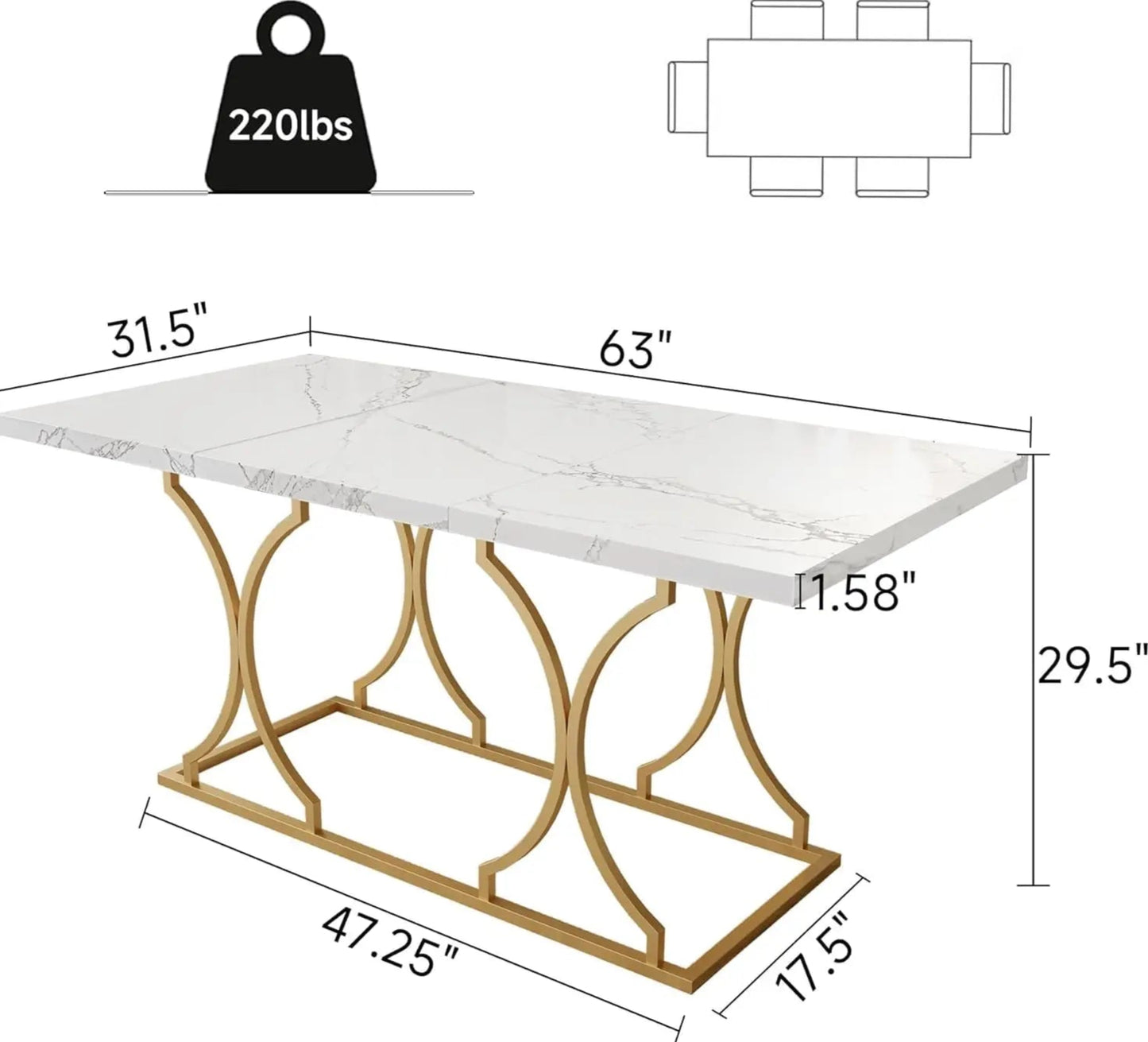 The Aurelia 63" Luxe Dining Table – White Marble Elegance with Gold Architectural Frame