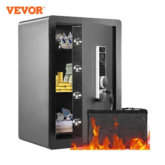 The image shows a VEVOR electric safe with fingerprint and digital security features. It includes various items inside, such as bags and documents, and comes with a fire-proof bag as well.