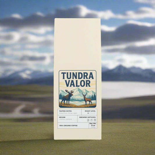 Tundra Valor coffee package with a design of two deer in a field on a white background