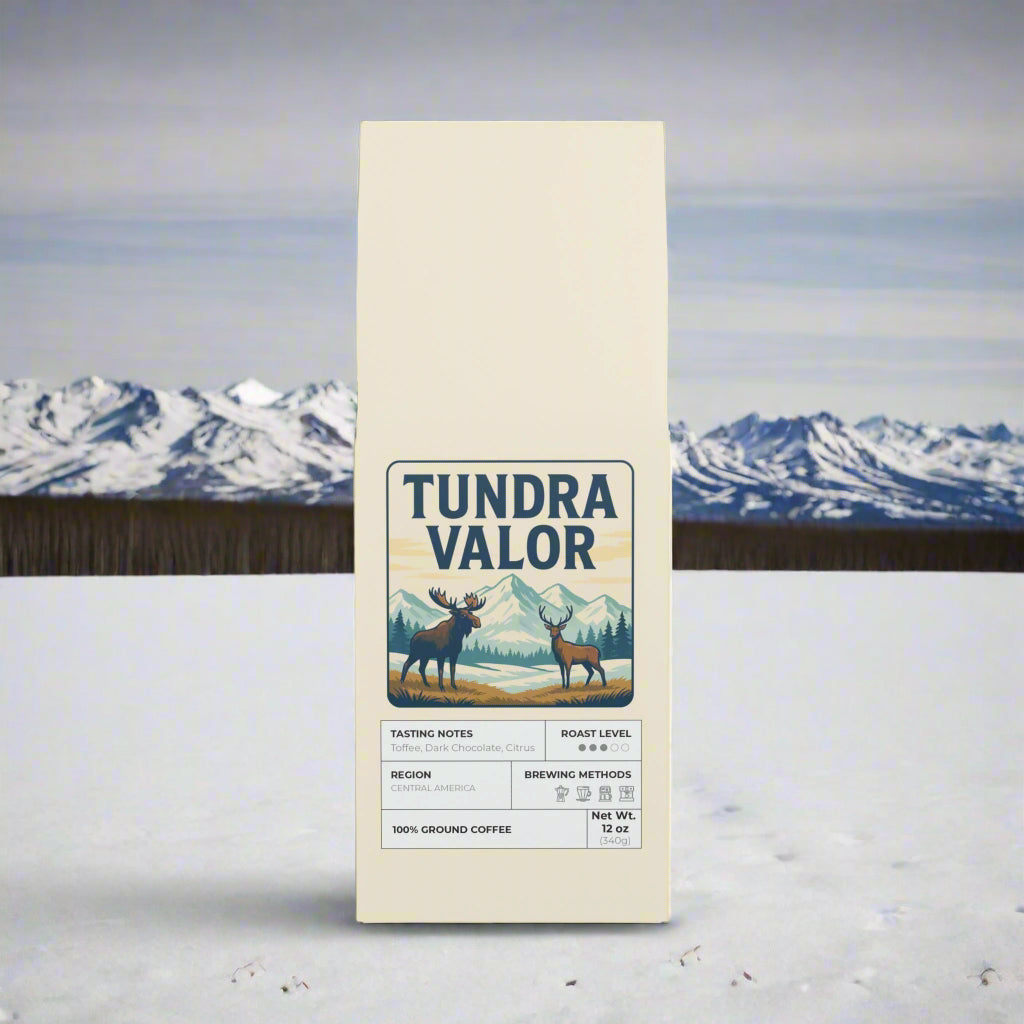 Tundra Valor coffee package with mountain and deer design on a white background