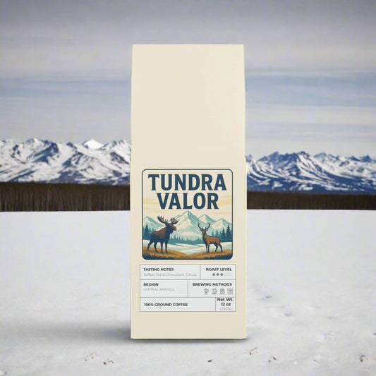 Tundra Valor coffee package with mountain and deer design on a white background