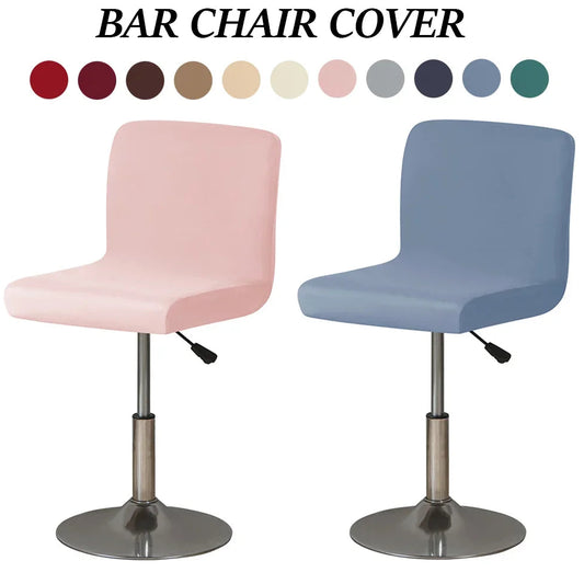 Two bar chairs with pink and blue covers and color swatches above them on a white background.