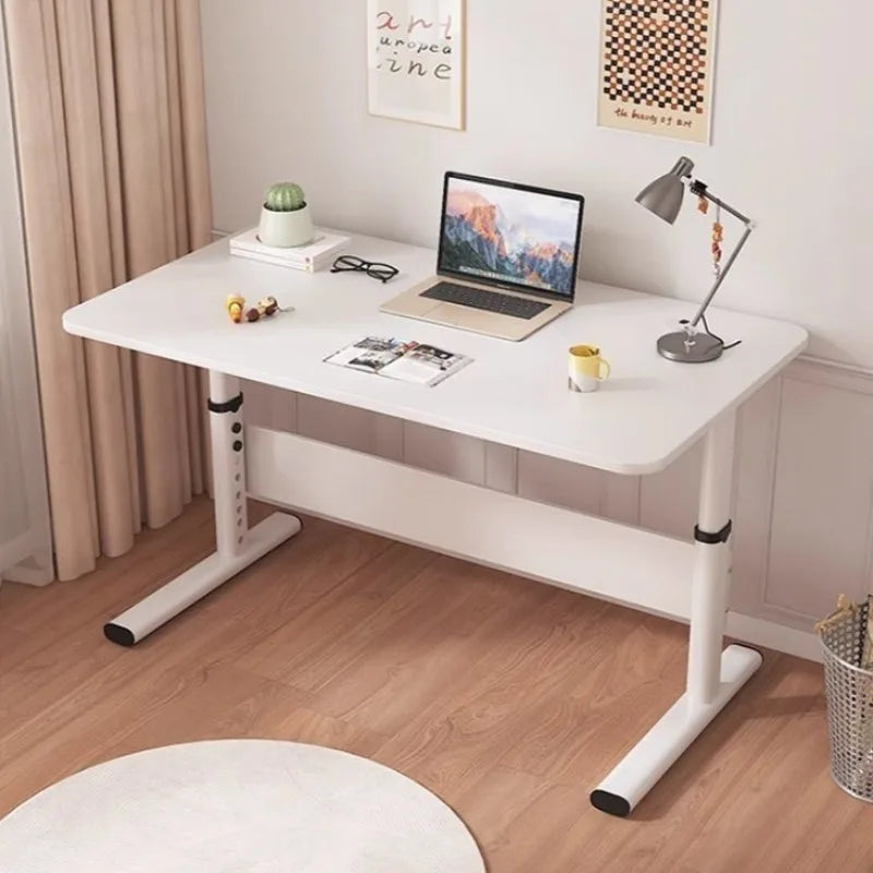 White desk with a laptop, lamp, and decor items in a room with wooden flooring and curtains.