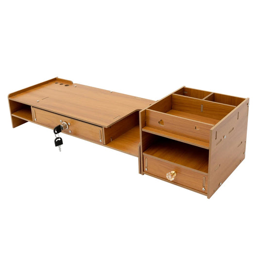 Wooden desk with storage compartments and a lock on a white background