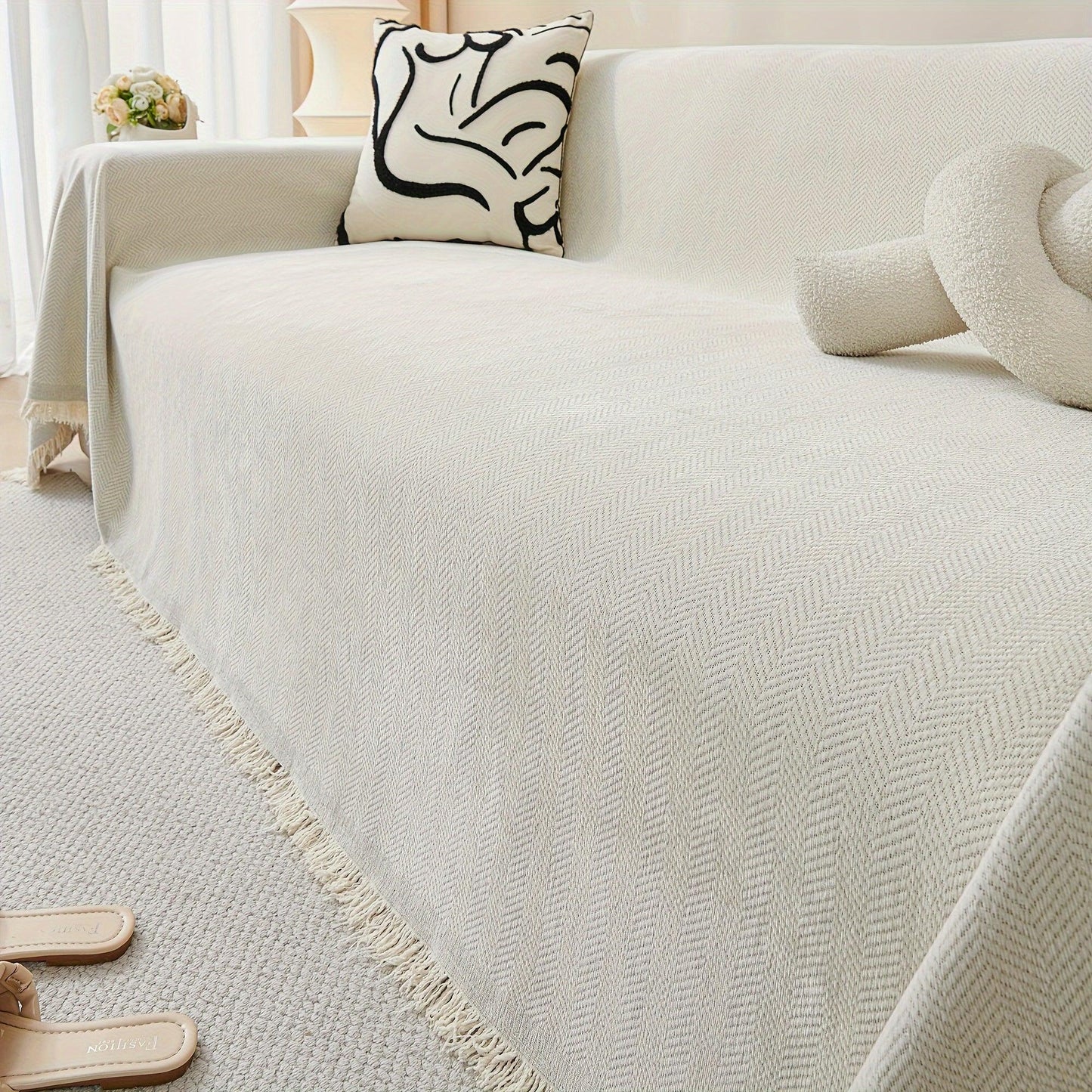 Update Sofa with Organic Couch Cover| Herringbone Chenille Tassels