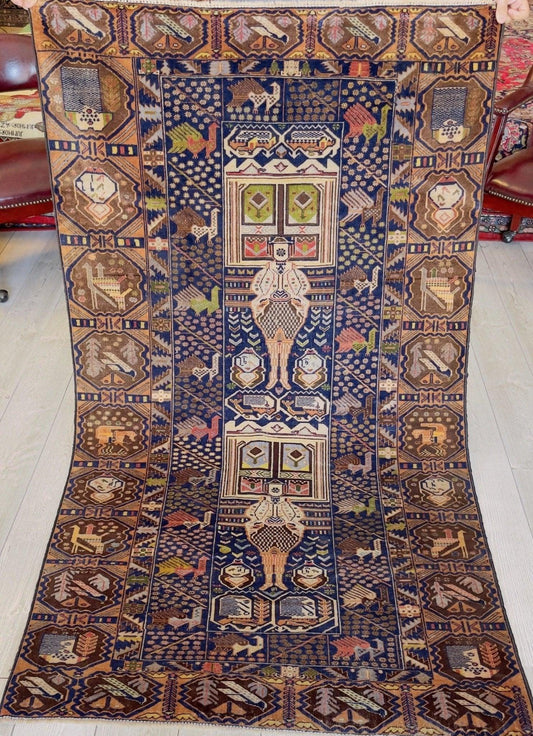 Afghani Vintage Pictorial Rug I Tribal Baluchi 4X7 Ft