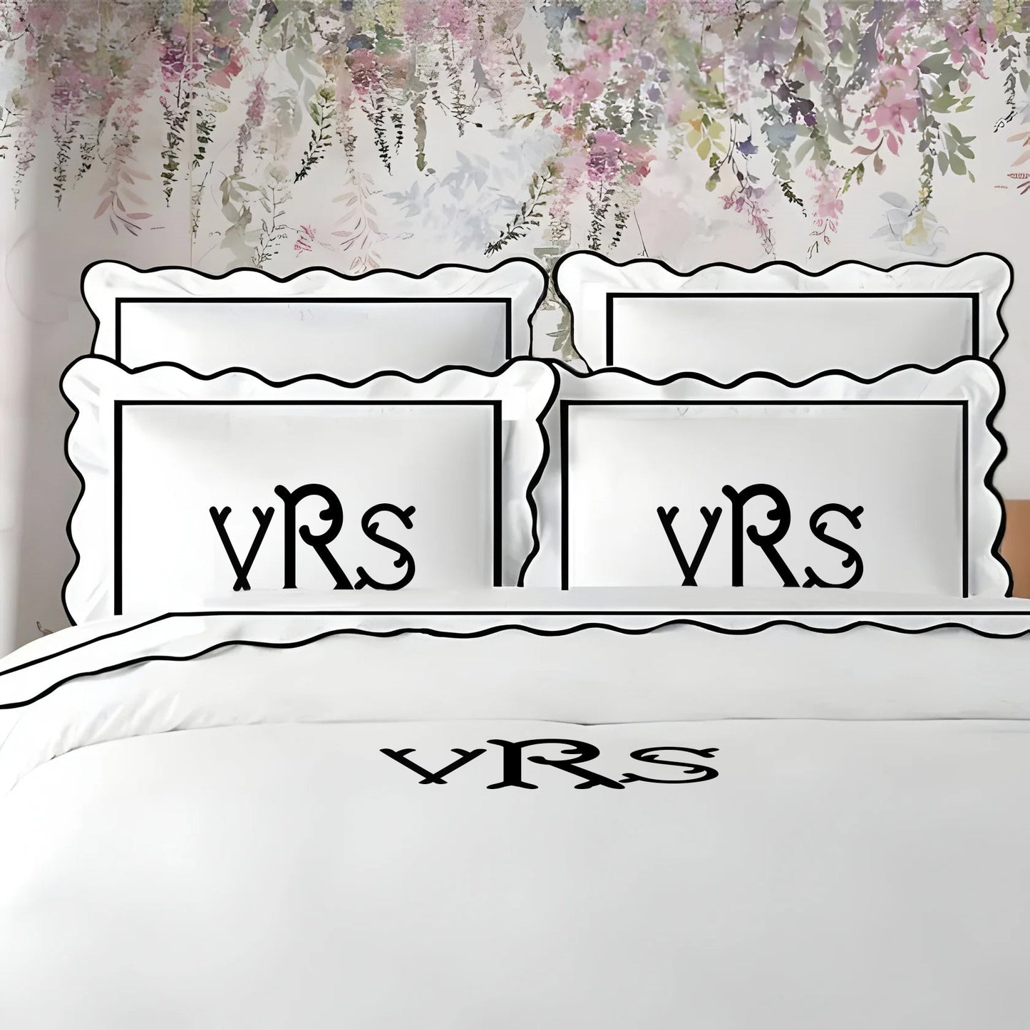 Monogram 400TC Cotton Scallop Embroidery & Border Sateen Solid Duvet Cover Set