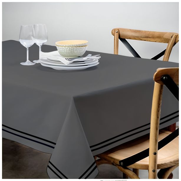 Double Embroidery Border Sateen Cotton Solid Table Cloth - Dark Grey