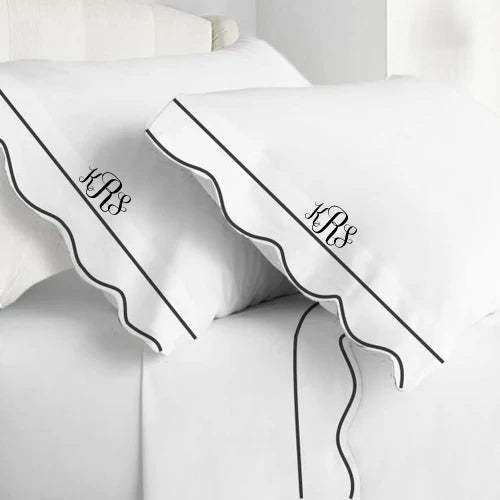 Monogram 400TC Cotton Scallop Embroidery & Border Sateen Solid Sheet Set