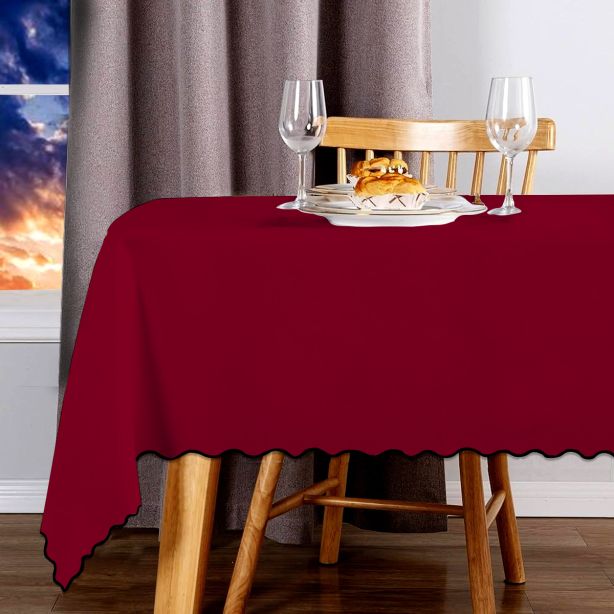 Scallop Embroidery Sateen Cotton Solid Table Cloth - Burgundy