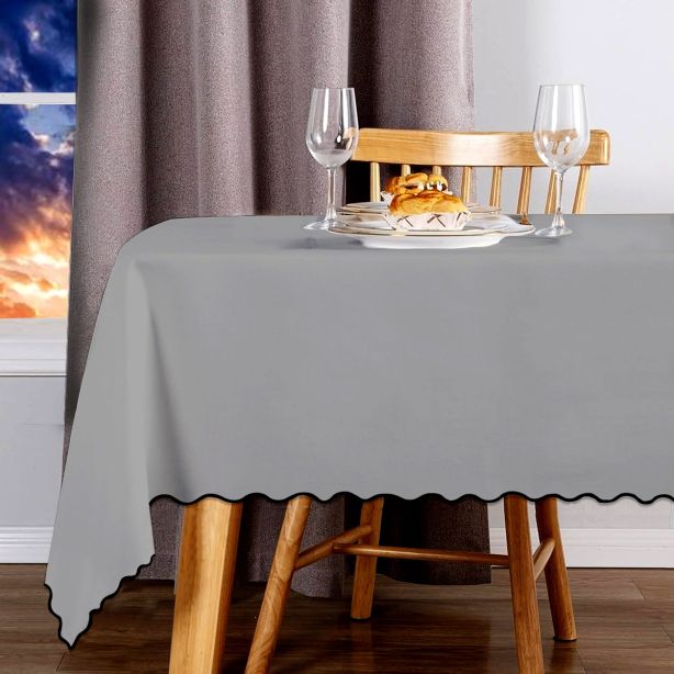 Scallop Embroidery Sateen Cotton Solid Table Cloth - Light Grey