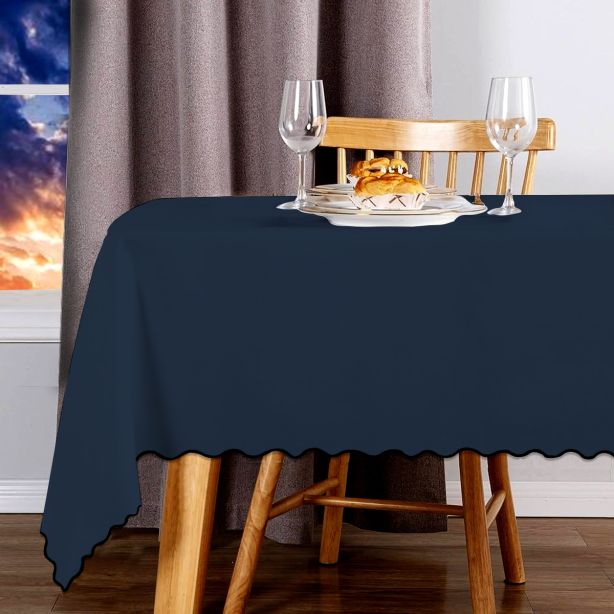 Scallop Embroidery Sateen Cotton Solid Table Cloth - Navy