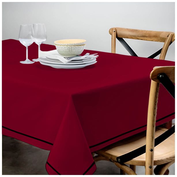 Single Embroidery Border Sateen Cotton Solid Table Cloth - Burgundy
