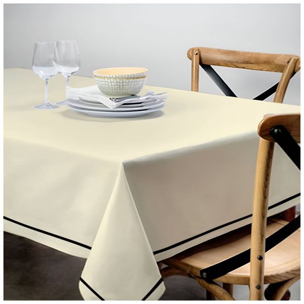 Single Embroidery Border Sateen Cotton Solid Table Cloth - Ivory