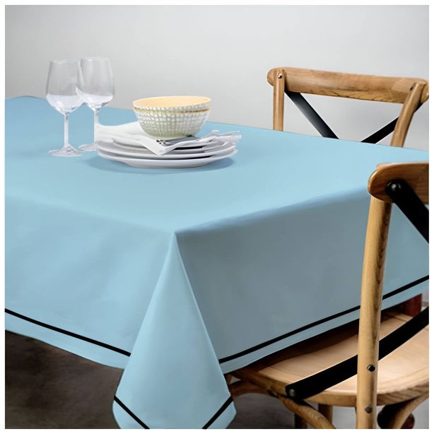 Single Embroidery Border Sateen Cotton Solid Table Cloth - Light Blue