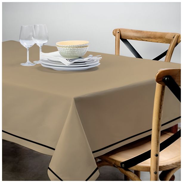 Single Embroidery Border Sateen Cotton Solid Table Cloth - Taupe