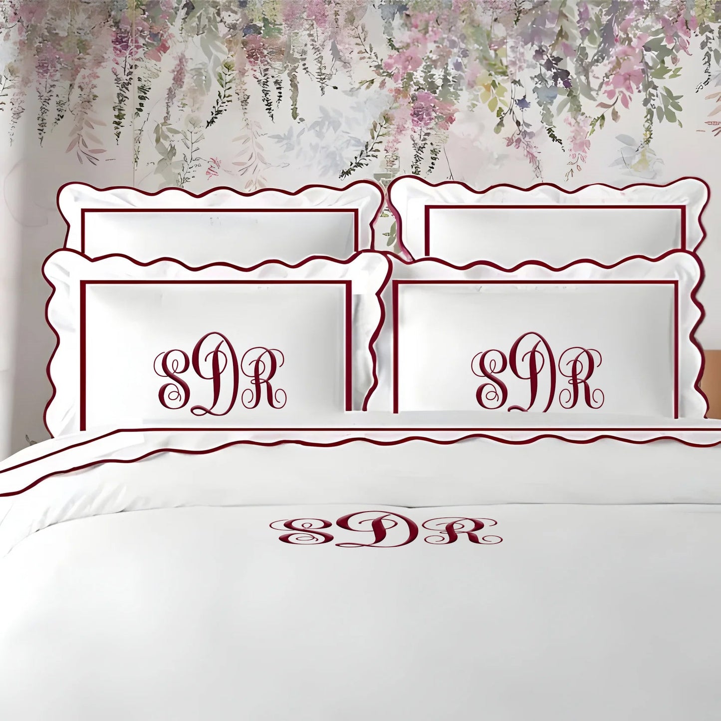Monogram 400TC Cotton Scallop Embroidery & Border Sateen Solid Duvet Cover Set