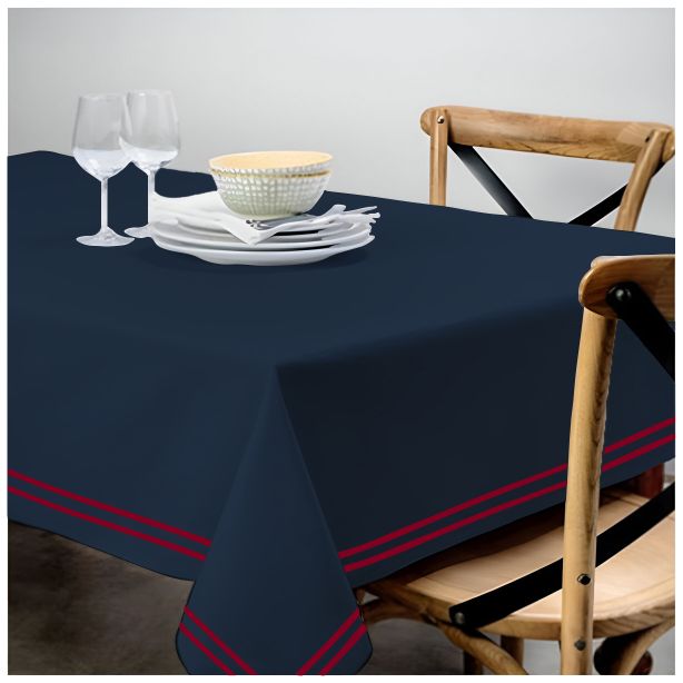 Double Embroidery Border Sateen Cotton Solid Table Cloth - Navy