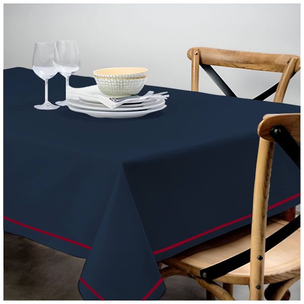 Single Embroidery Border Sateen Cotton Solid Table Cloth - Navy