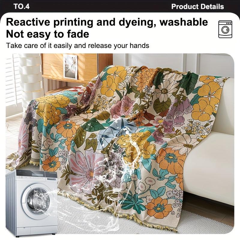 Linen Sofa Cover | Floral Tassel Throw, Pet-Friendly & Non-Slip