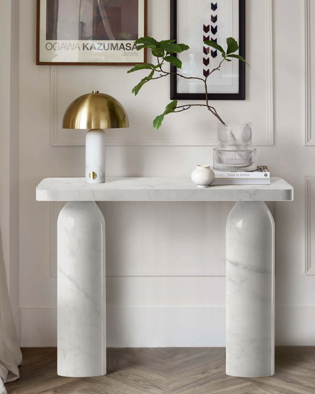 Carrara White Marble Designer Round Legs Console Polished