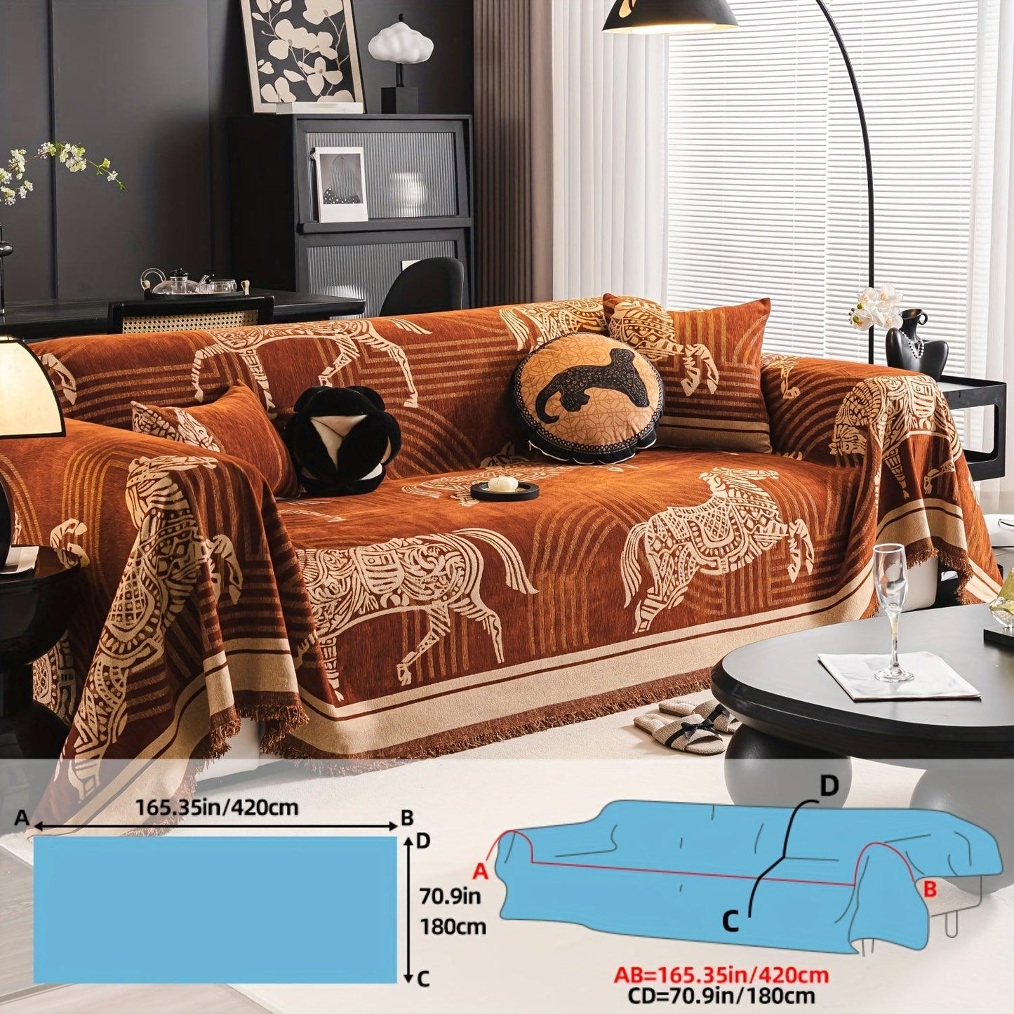 Luxurious Chenille Horse Design Sofa Cover Decor in Orange & Green