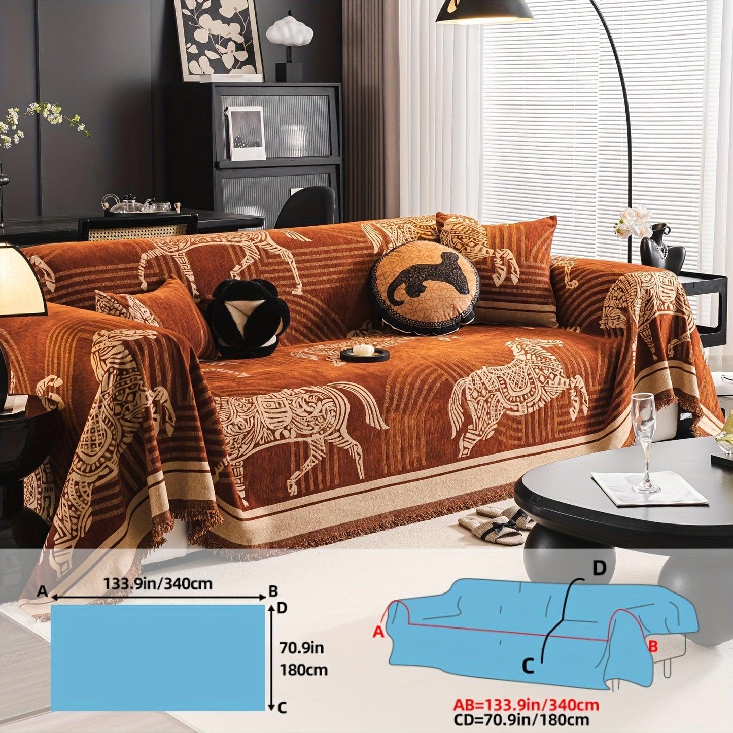 Luxurious Chenille Horse Design Sofa Cover Decor in Orange & Green