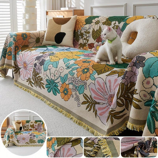 Linen Sofa Cover | Floral Tassel Throw, Pet-Friendly & Non-Slip